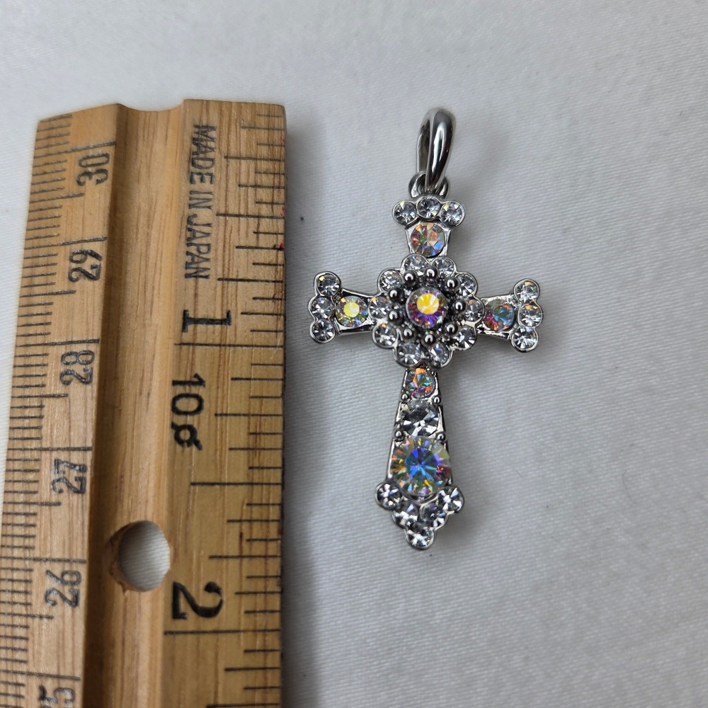 Vintage Silver Tone Aurora Borealis Rhinestone Cross Pendant Religious Bling